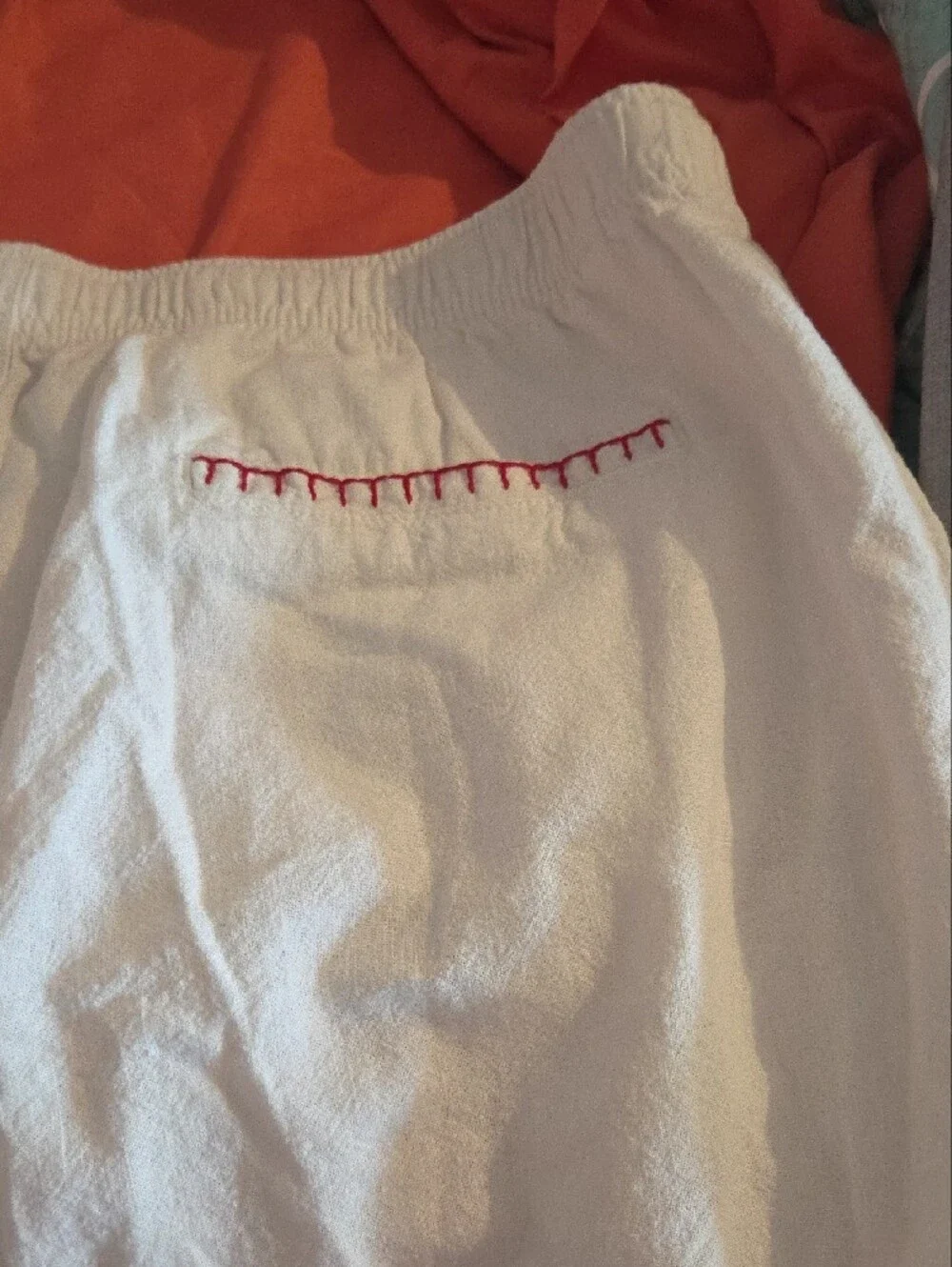 Disney White Linen Blend Mickey Mouse Embroidered Shorts with Red Trim